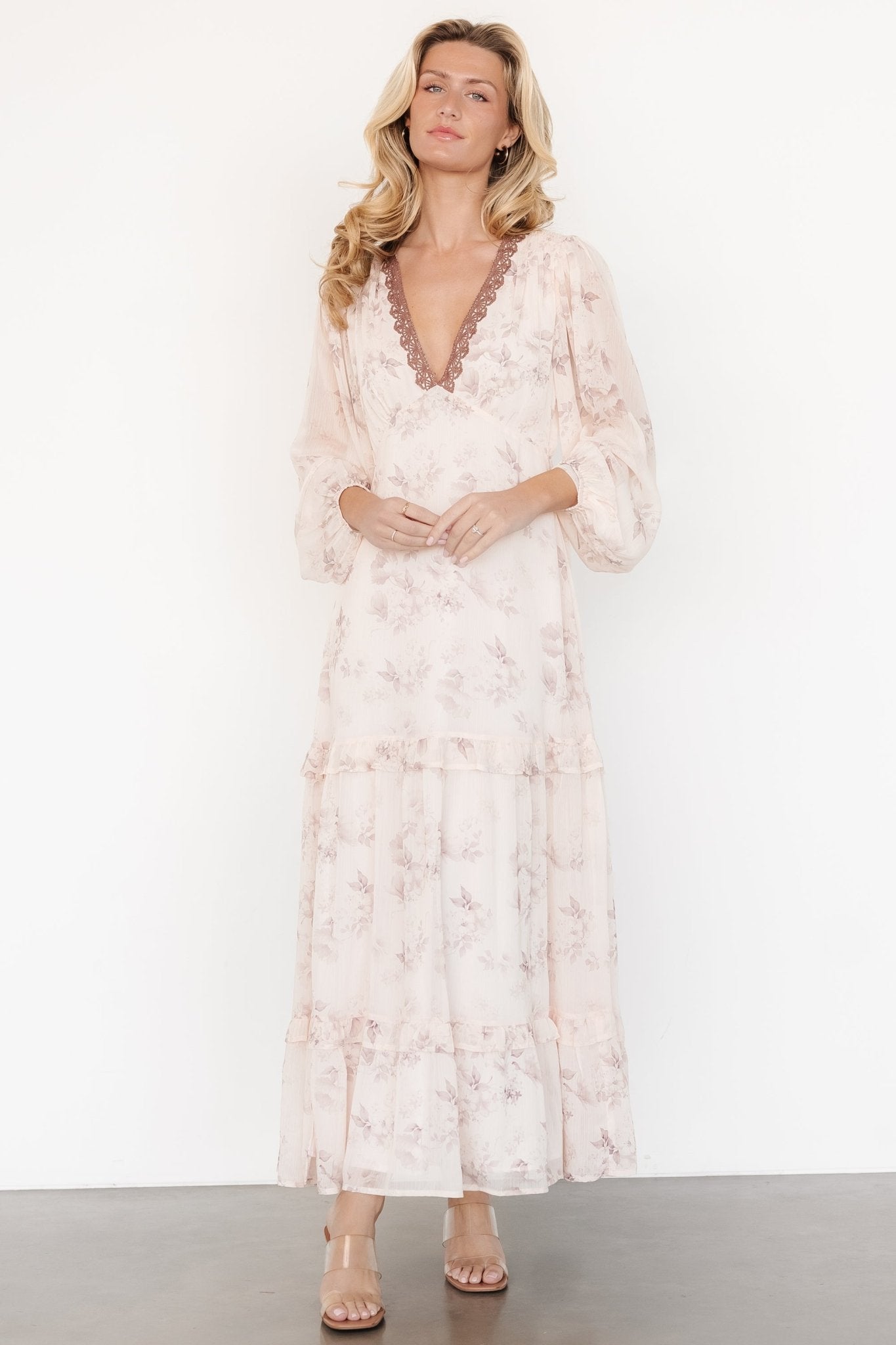 Rumi Deep V Maxi Dress | Beige + Clove Floral Buy Cheap Latest