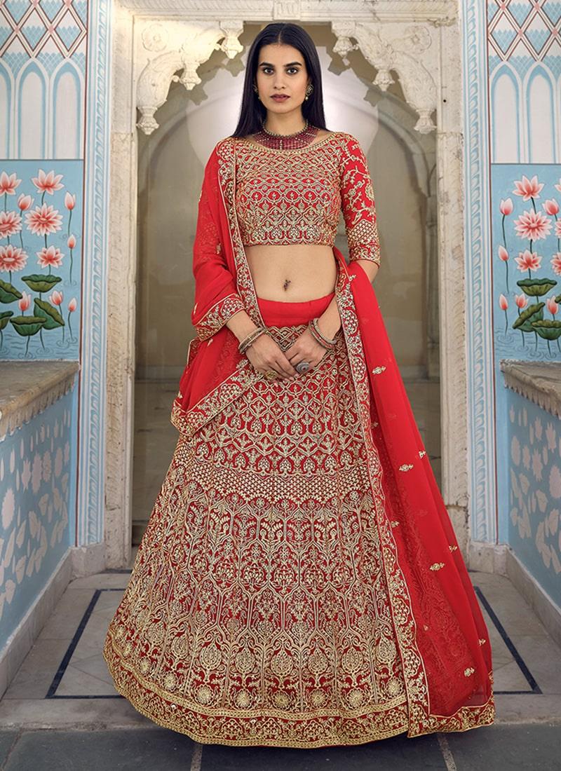 Red Color Georgette Material Zari Work Lehenga Choli Amazon Sale Online