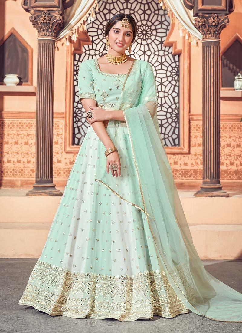 Green And White Color Sequins Work Georgette Fabric Lehenga Choli Best For Sale