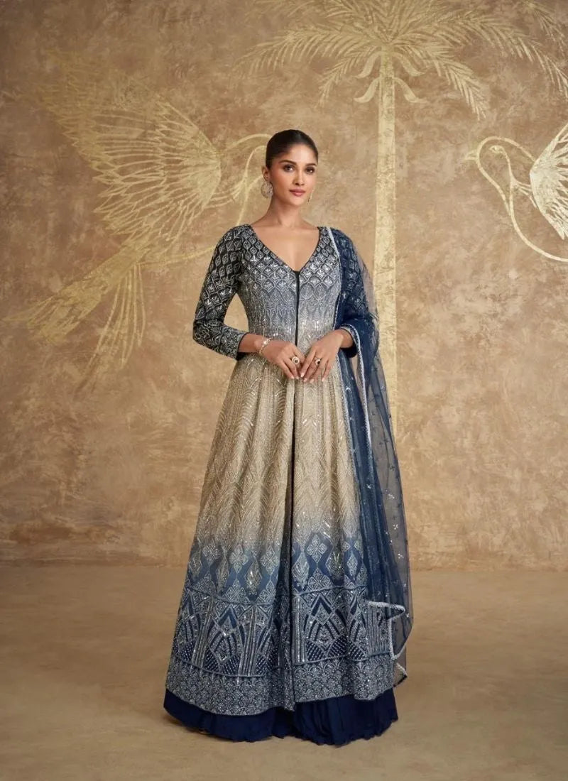 Dreamlike Blue Georgette Embroidered Ombre Style Anarkali Suit For Cheap Online