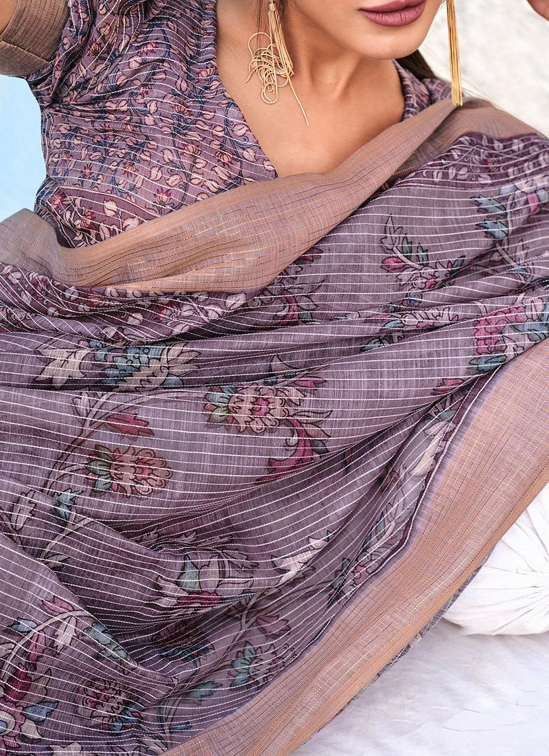 Linen Fabric Lavender Printed Floral Saree Cheap Sale Best Wholesale