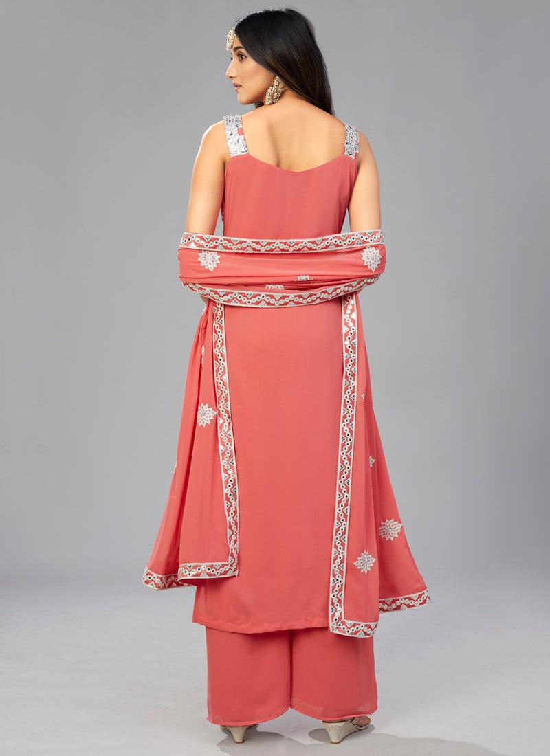 Delightful Peach Colored Georgette Festive Wear Trendy Palazzo Suit Cheap Sale Visit