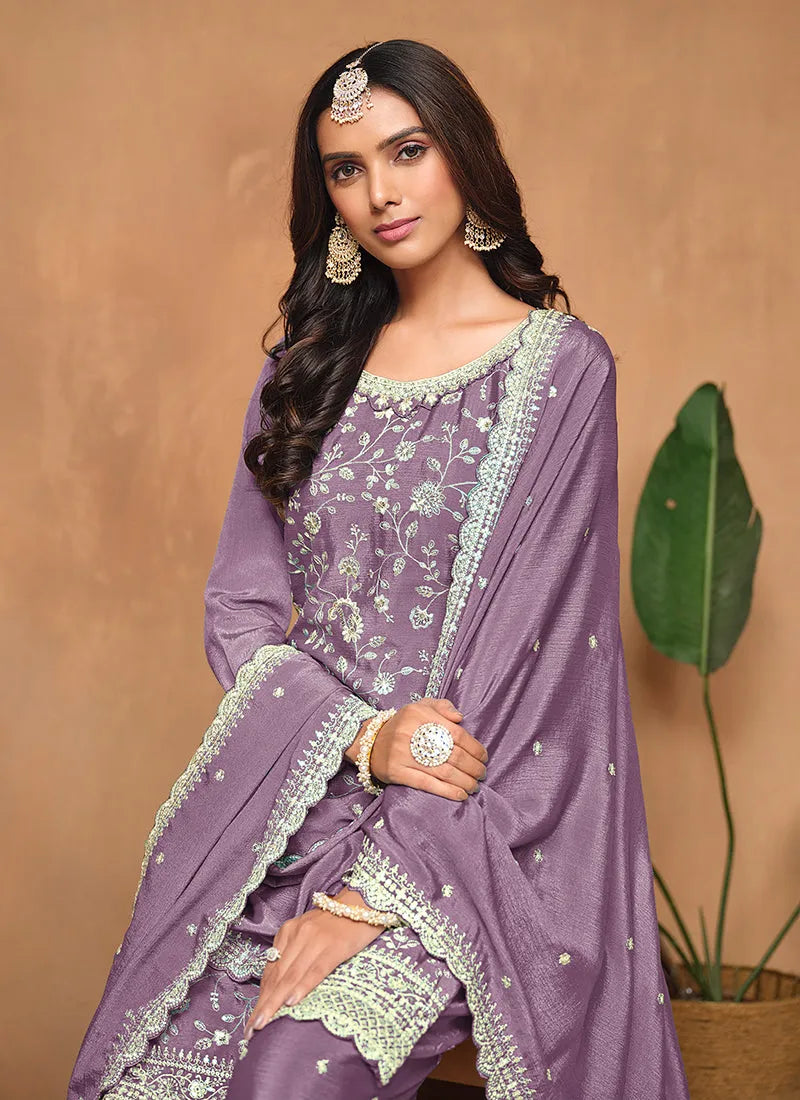 Purple Sequins Embroidered Chinon Festival Wear Top Palazzo Suit Best Place Sale Online