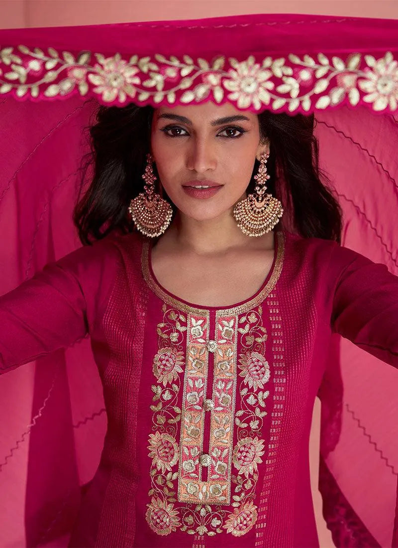 Enchanting Dark Pink Embroidered Vichitra Silk Palazzo Suit Shop For Cheap Online