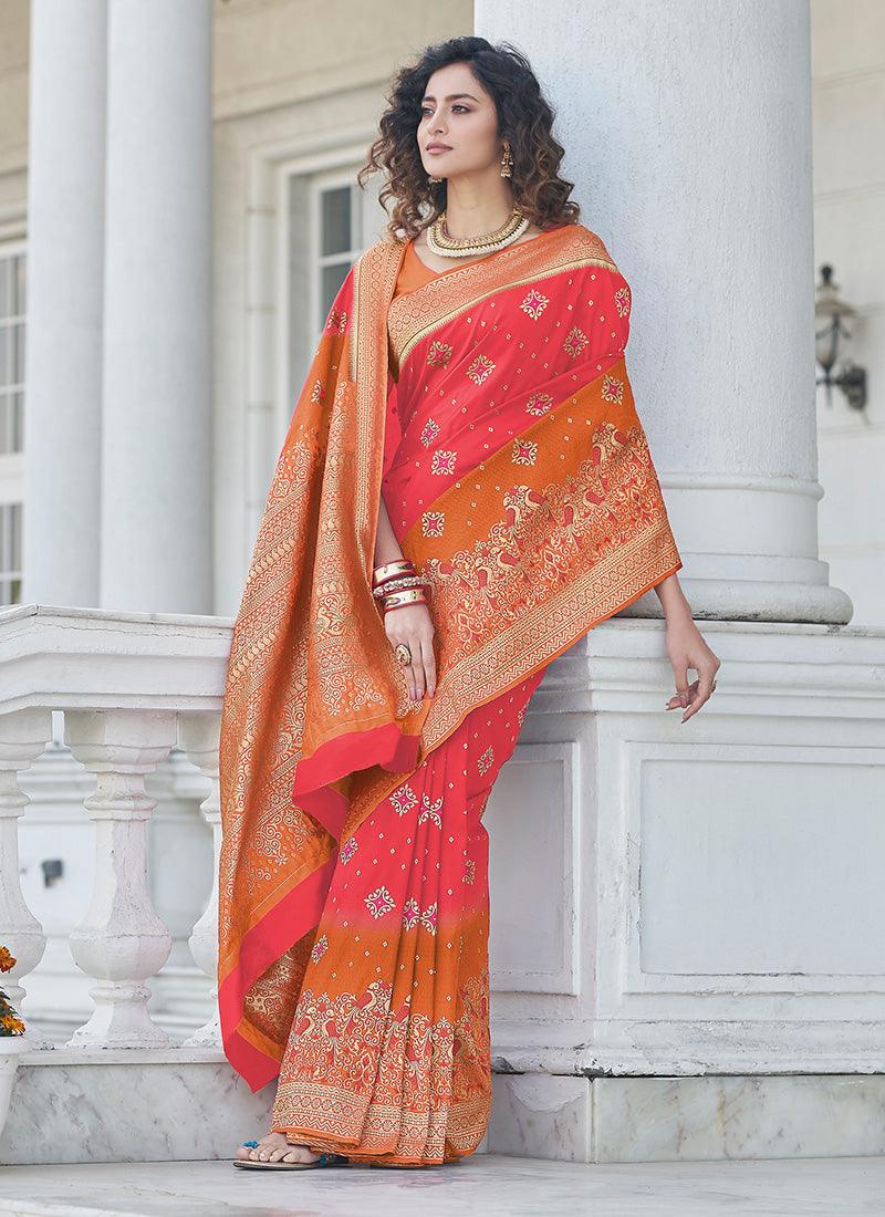 Pink Color Banarasi Silk Base Half And Half Silk Weave Saree Discount Outlet Locations