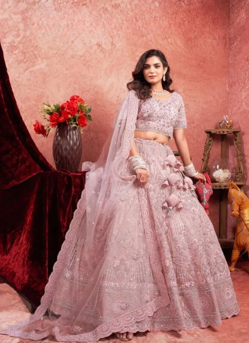 Designer Pink Net Zarkan Bridal Leheng Choli Outlet Collections