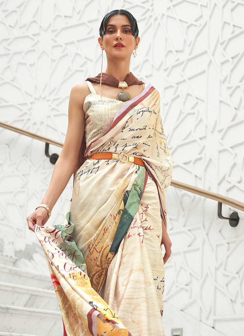 Off-White Color Silk Base Ethnic Wear Printed Saree Store Sale Online