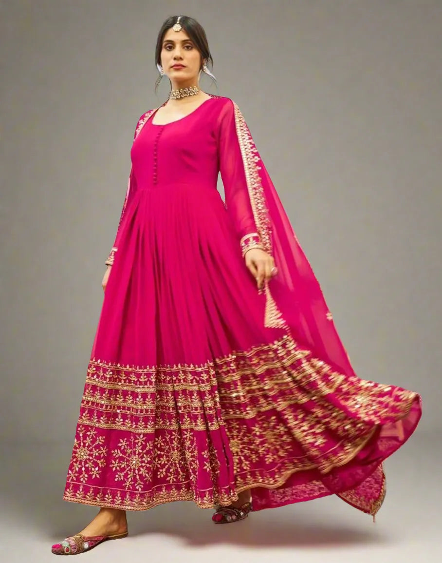 Pink Georgette readymade embroidered Flared gown Discount Inexpensive