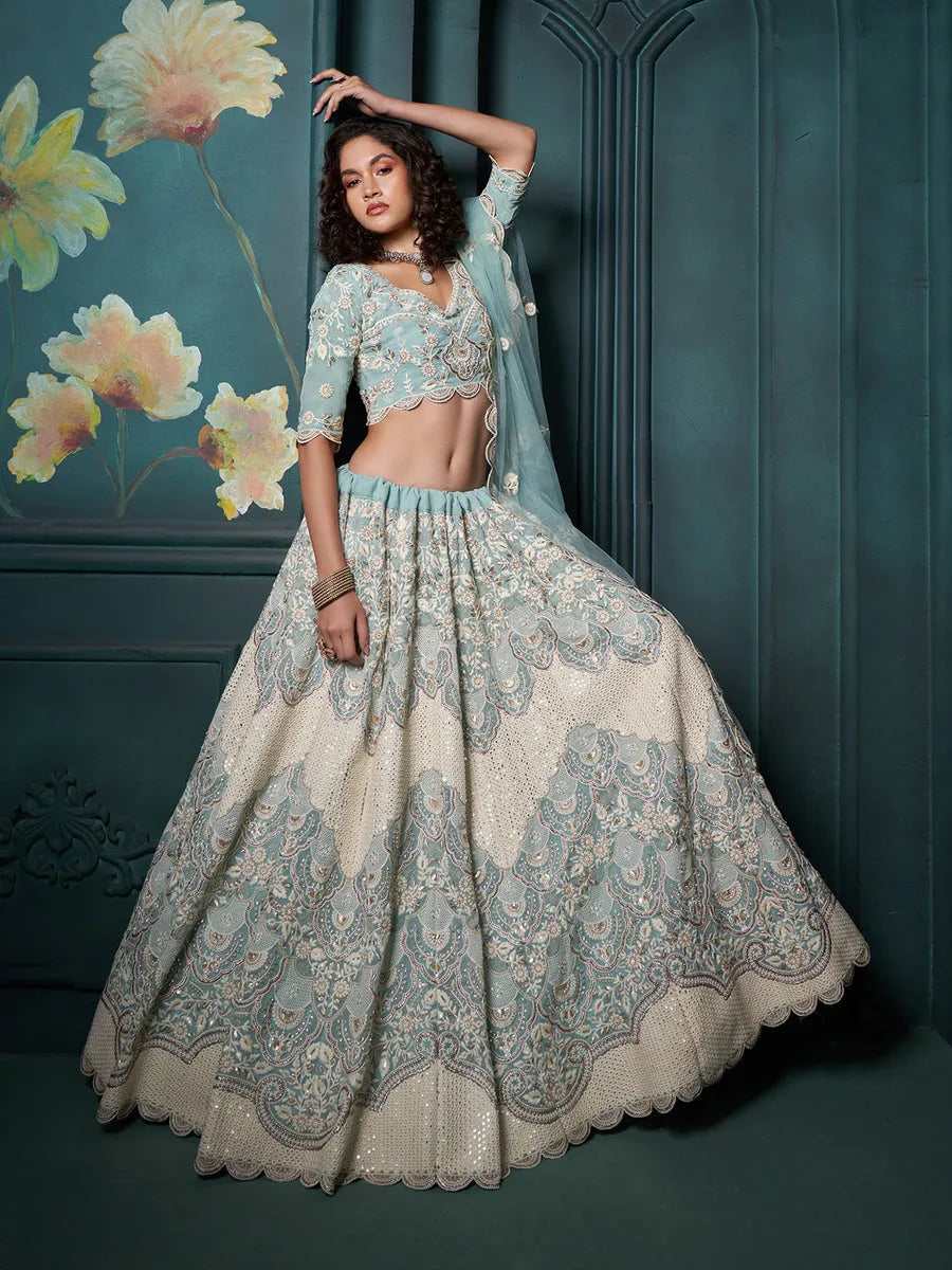 Formidable Firozi Embroidered Bridal Lehenga Choli Cheap With Credit Card