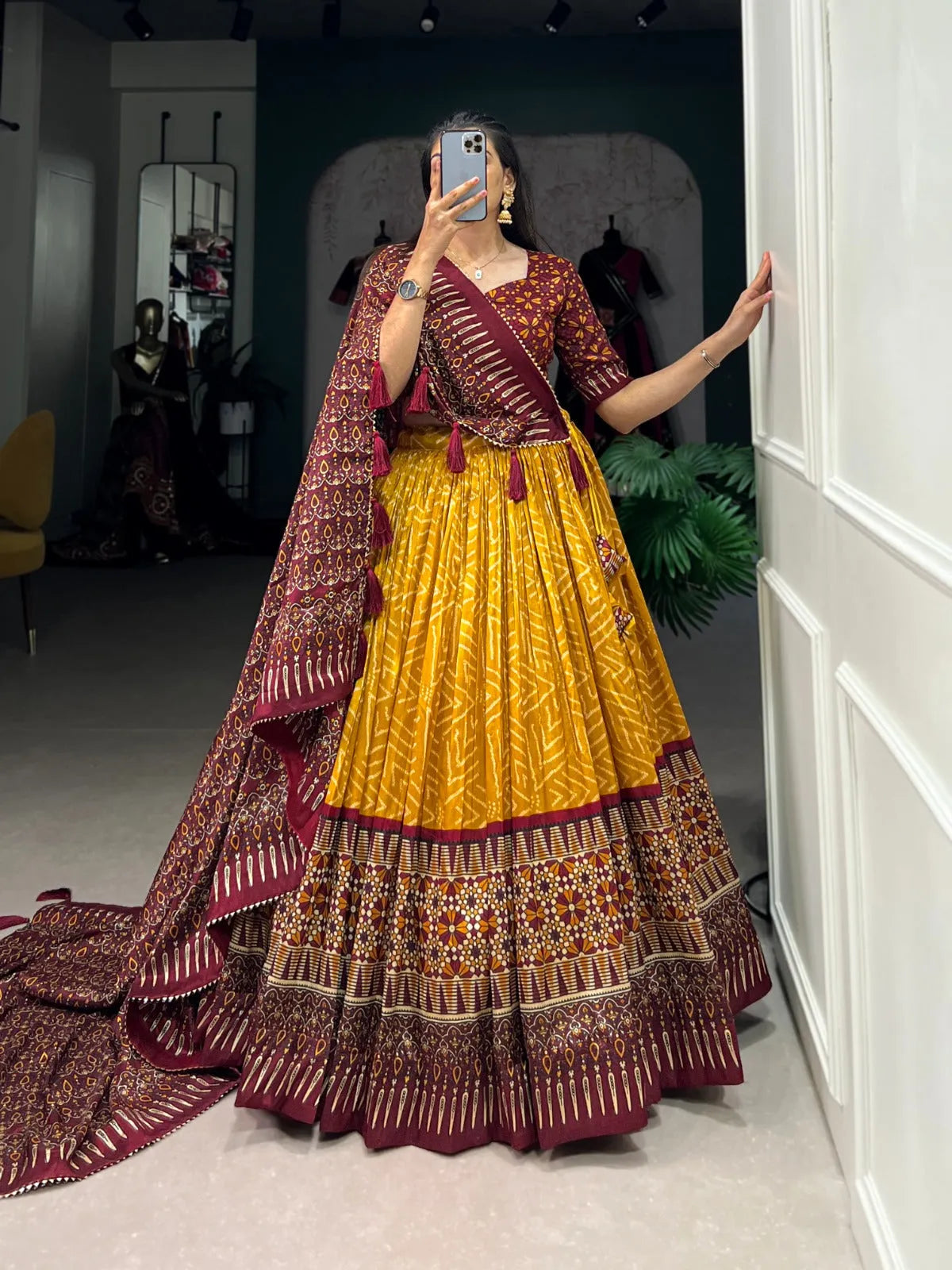 Elegant Bandhej And Ajrakh Printed Silk Lehenga Choli Cheapest Online