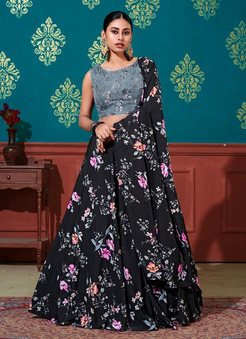 Black Color Silk Fabric Printed Crop Top Lehenga With Dupatta Nicekicks Online