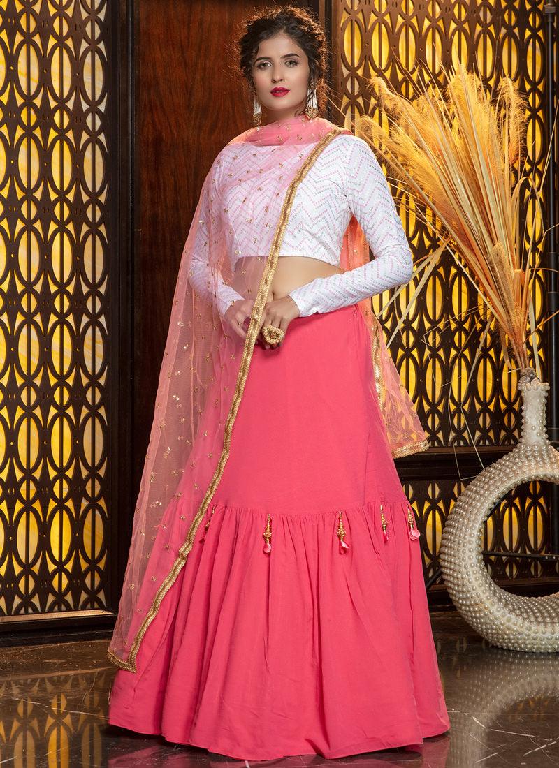 Charming Pink-White Georgette Flared Lehenga Choli Set Discount Best Place