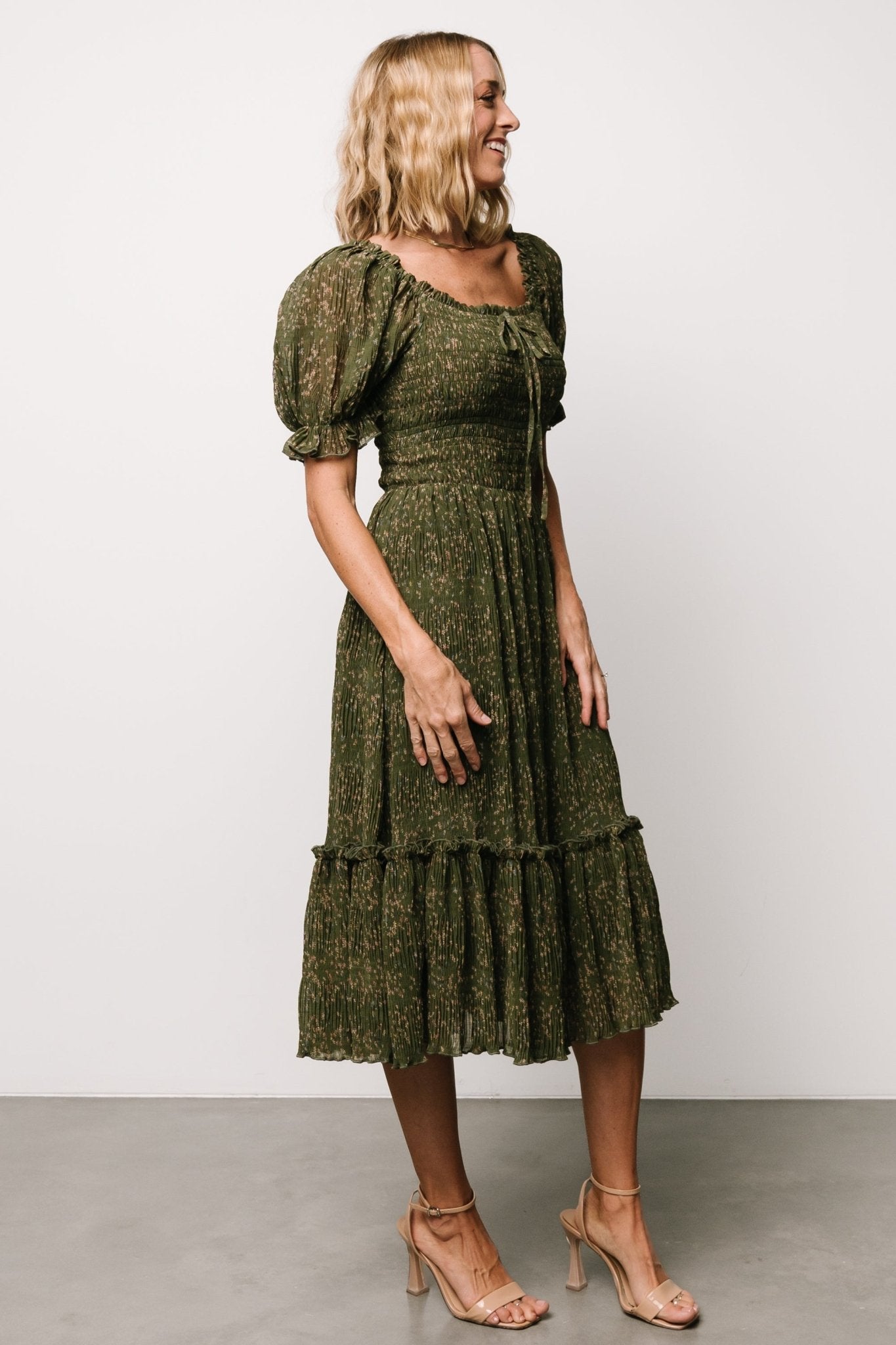 Beatrice Smocked Midi Dress | Olive Floral Clearance Footaction