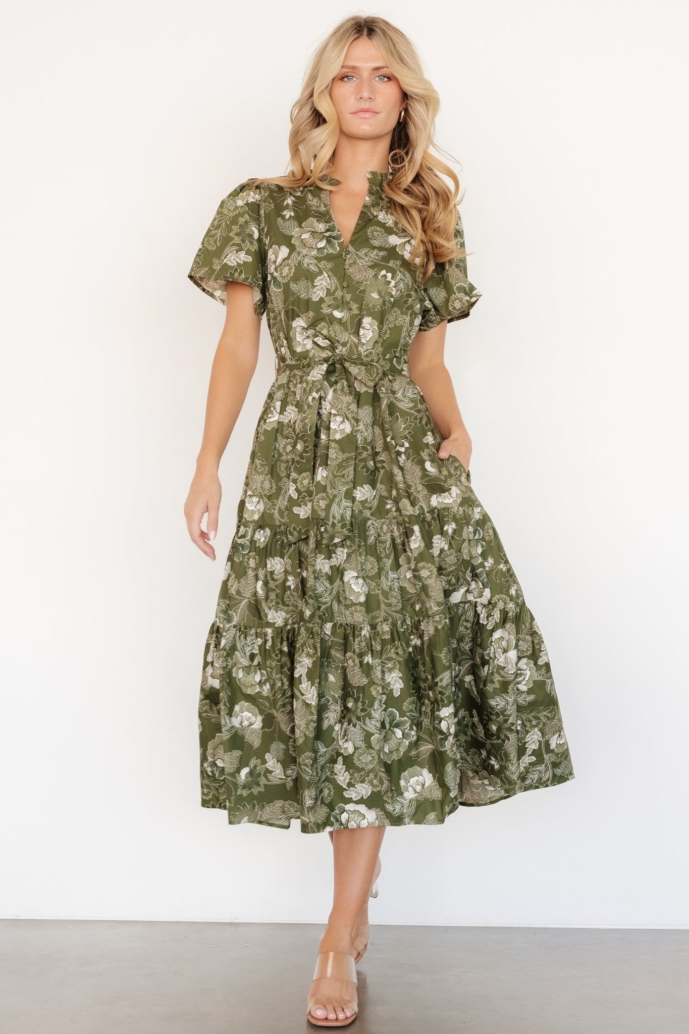 Adara Midi Dress | Olive Floral Sale Low Shipping Fee