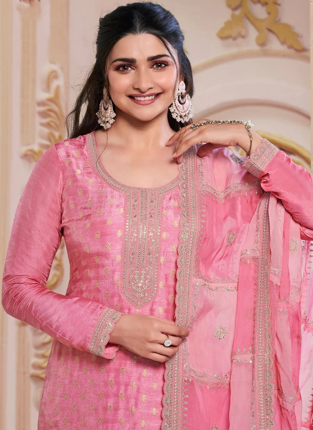 Rose Pink Dola Jacquard Sequins Embroidered Straight Suit Outlet Get To Buy