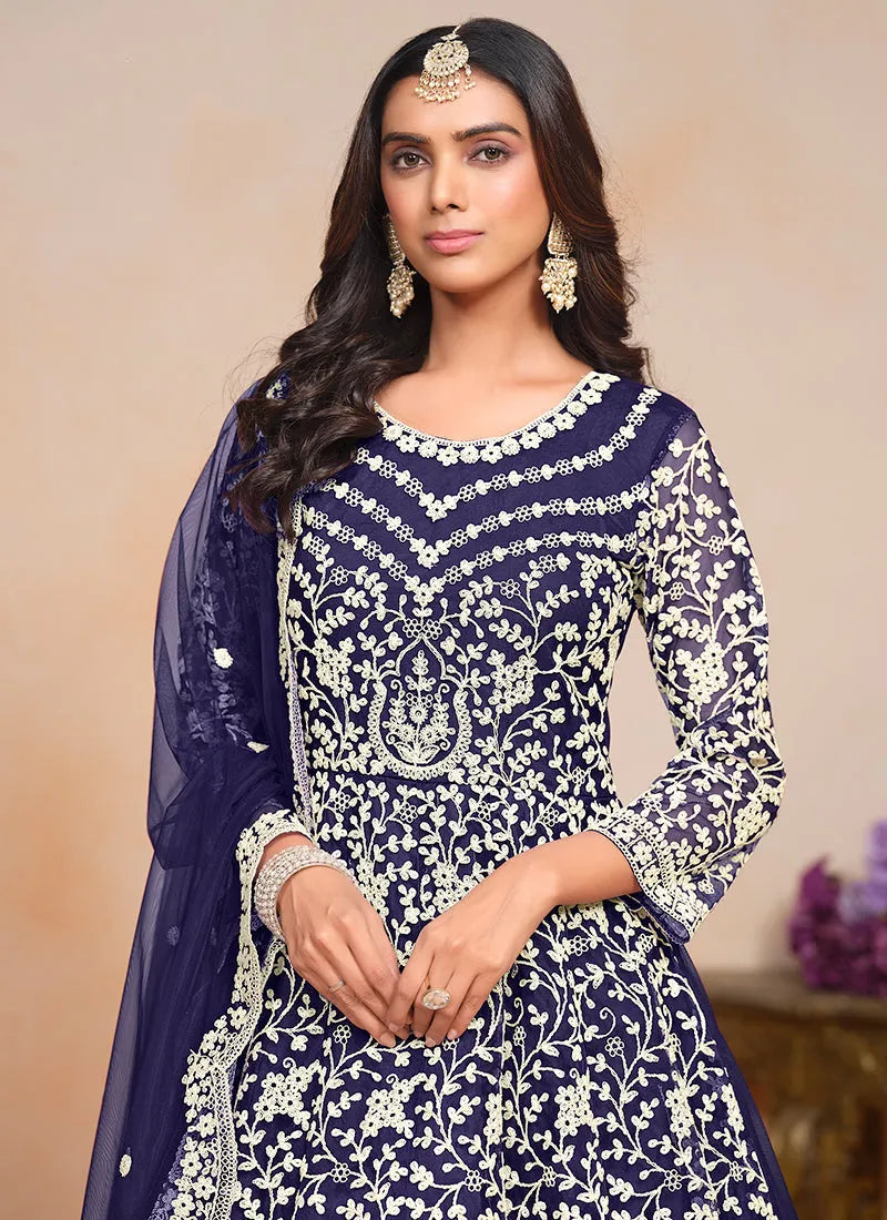 Fiery Dark Blue Designer Embroidered Anarkali Gown Inexpensive For Sale