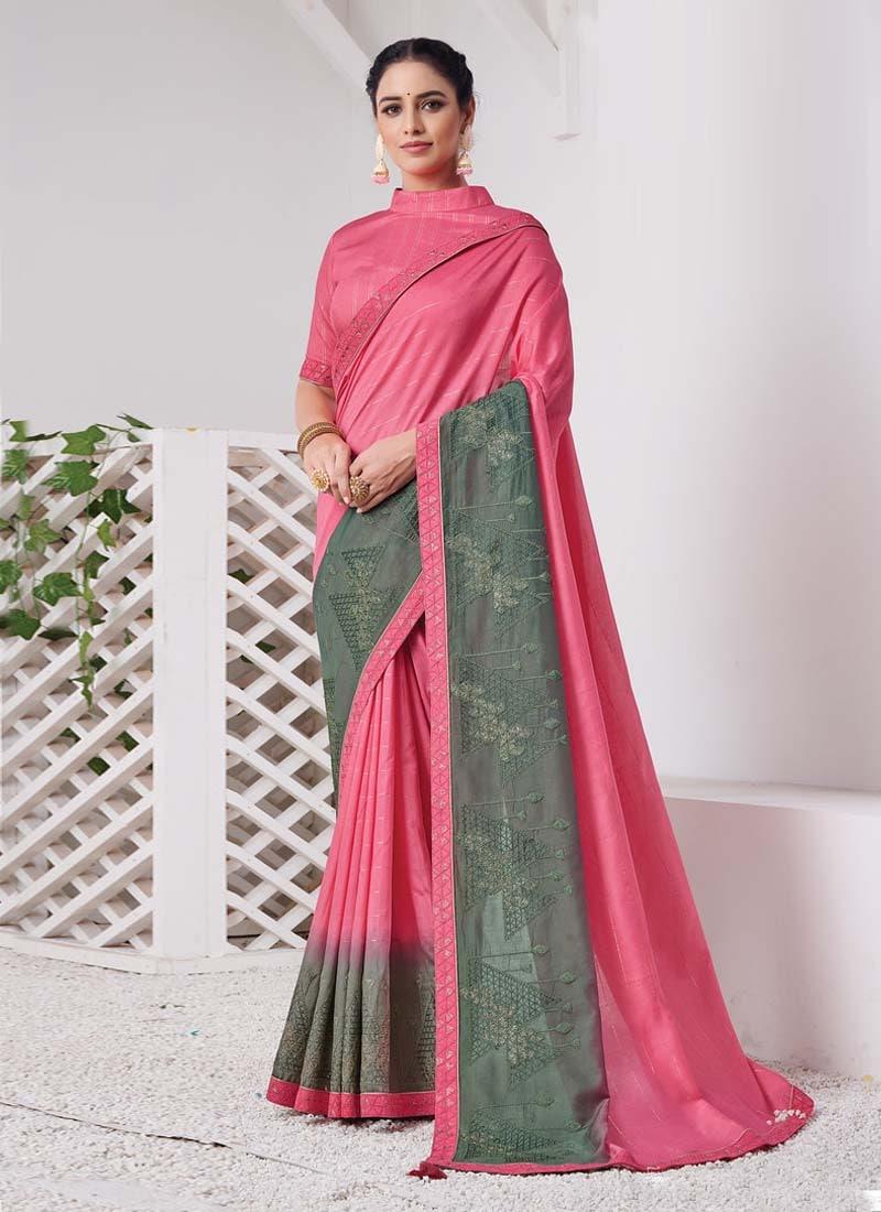 Astounding Look Silk Material Pink Color Resham Work Embroidered Saree Outlet For Nice