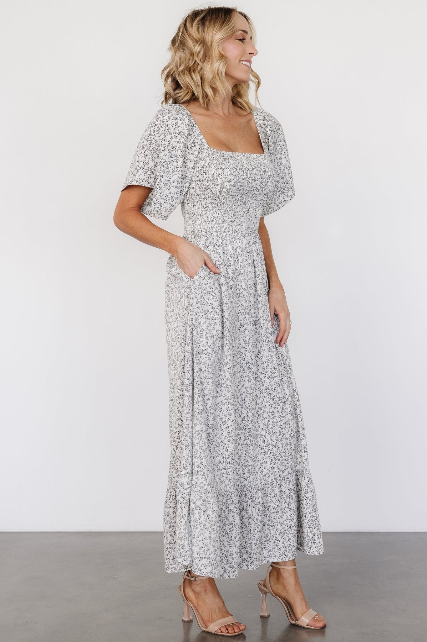 Cassis Smocked Midi Dress | Ivory + Black Floral Sale Geniue Stockist