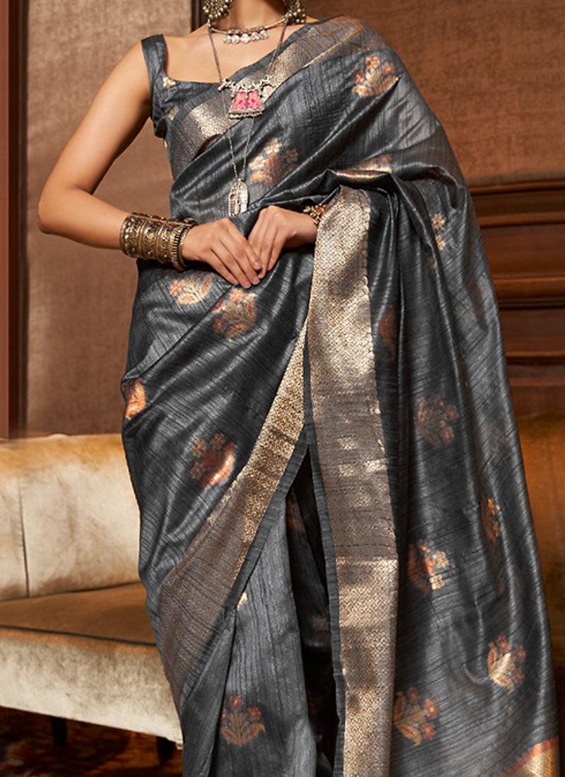 Sleeveless Blouse Grey Color Classic Silk Saree Best For Sale