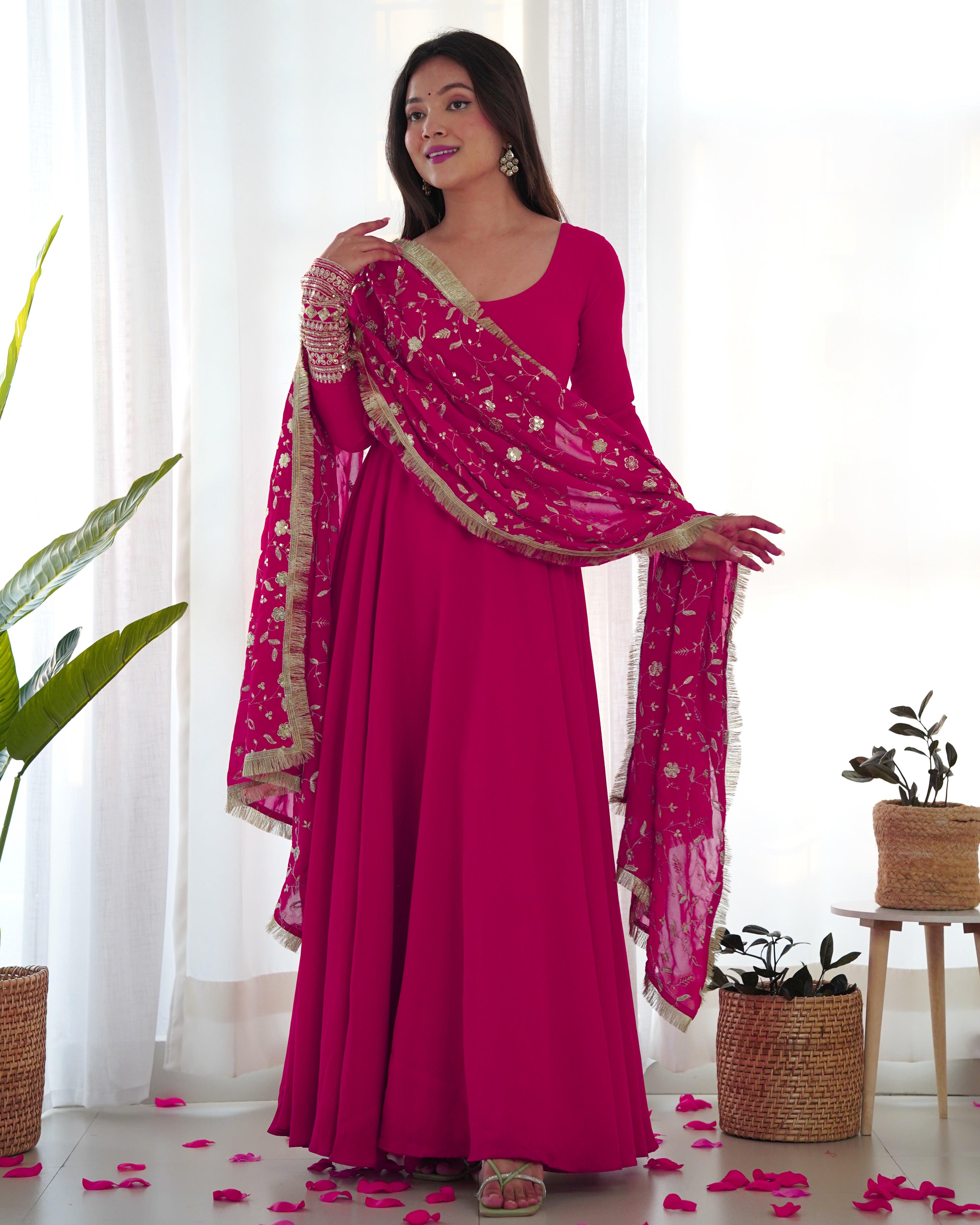 Rani Pink Color Georgette Gown With Dupatta Set Discount Original