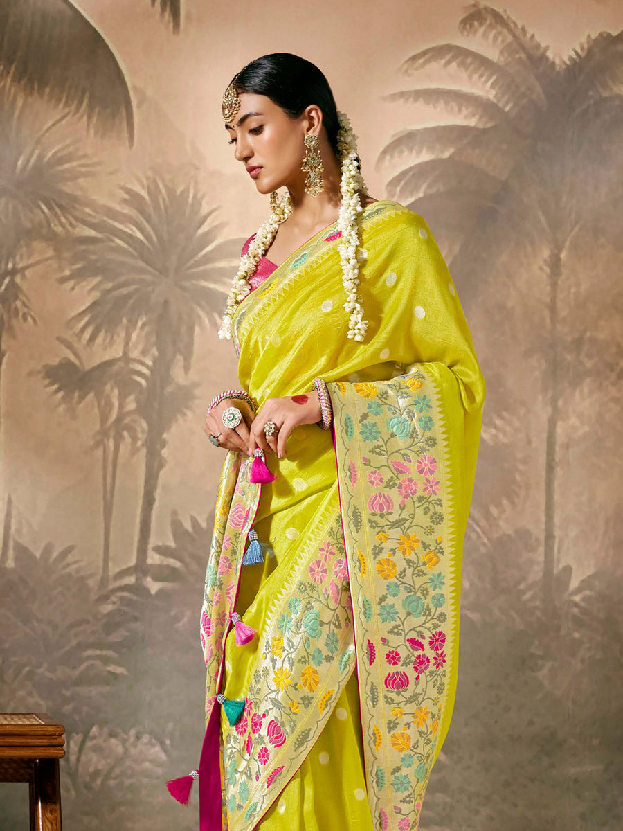 Designer Bright Green Paithani Banarasi Silk Saree with Floral Motifs Sale Fast Delivery