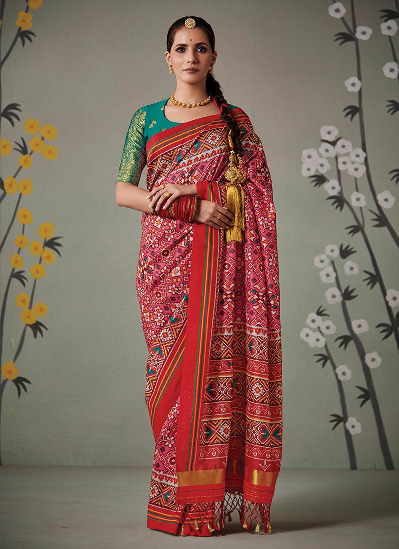 Hot Pink Patola Silk Saree With Contrast Blouse Pices Cheap Online