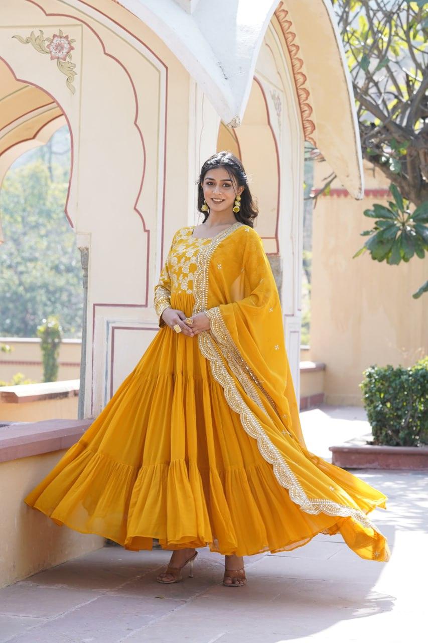 Yellow Georgette Ruffle gown with dupatta Pay With Visa Sale Online