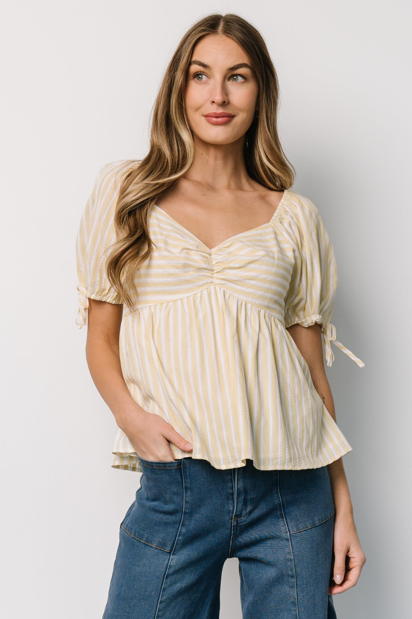 Betsy Peplum Top | Yellow + White Stripe Outlet Explore