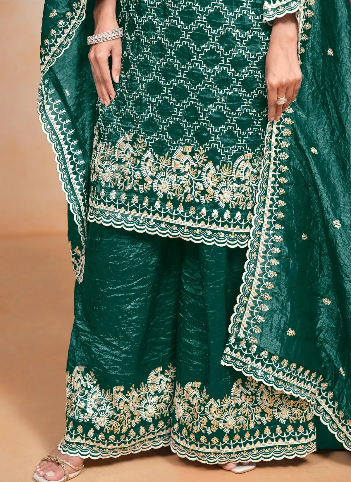 Dazzling Dark Green Crush Embroidered Work Palazzo Suit Cheap Discount Sale