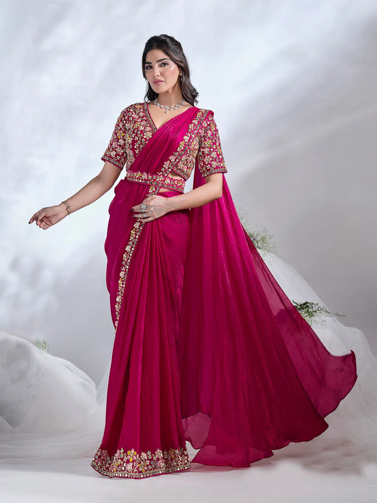 Phenomenal Pink Ready To Wear To Tone Satin Silk Saree For Sale Cheap Online