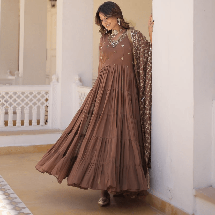 Brown Georgette readymade ruffled gown with dupatta Buy Cheap Manchester