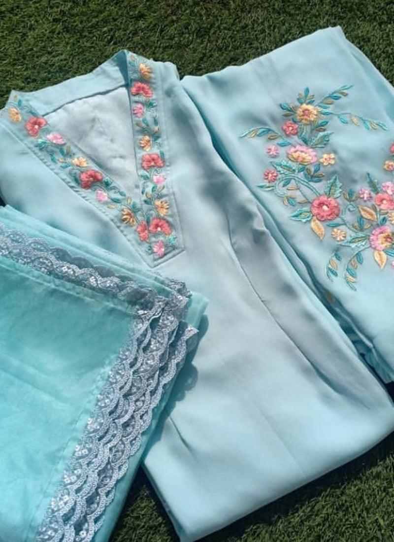 Light Blue Color Georgette Base Resham And Zari Work Salwar Kameez Best For Sale