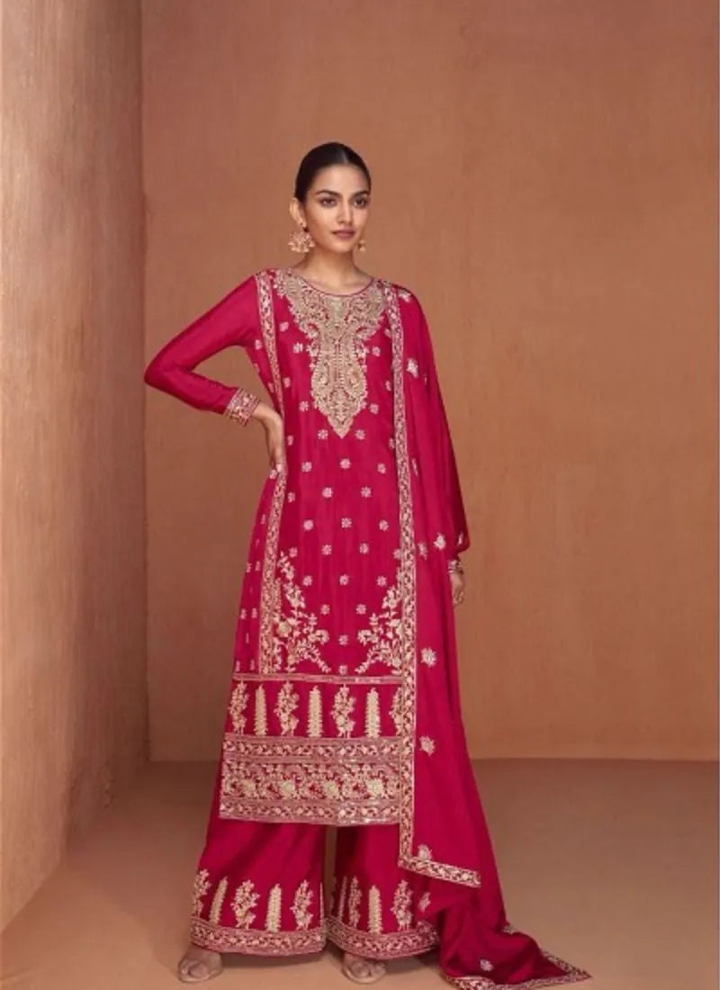 Stunning Heavy Embroidered Chinon palazzo suit in Dark Pink Shipping Discount Sale