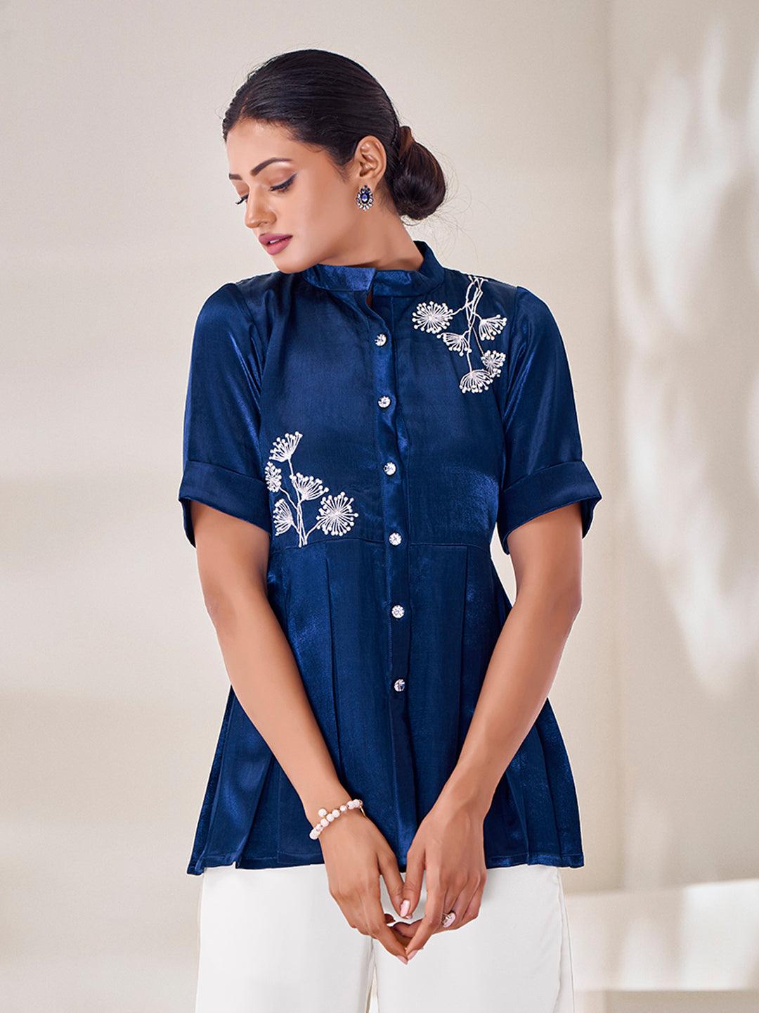 Blue Color ready-to-wear silk top with handwork Low Pice Cheap Online