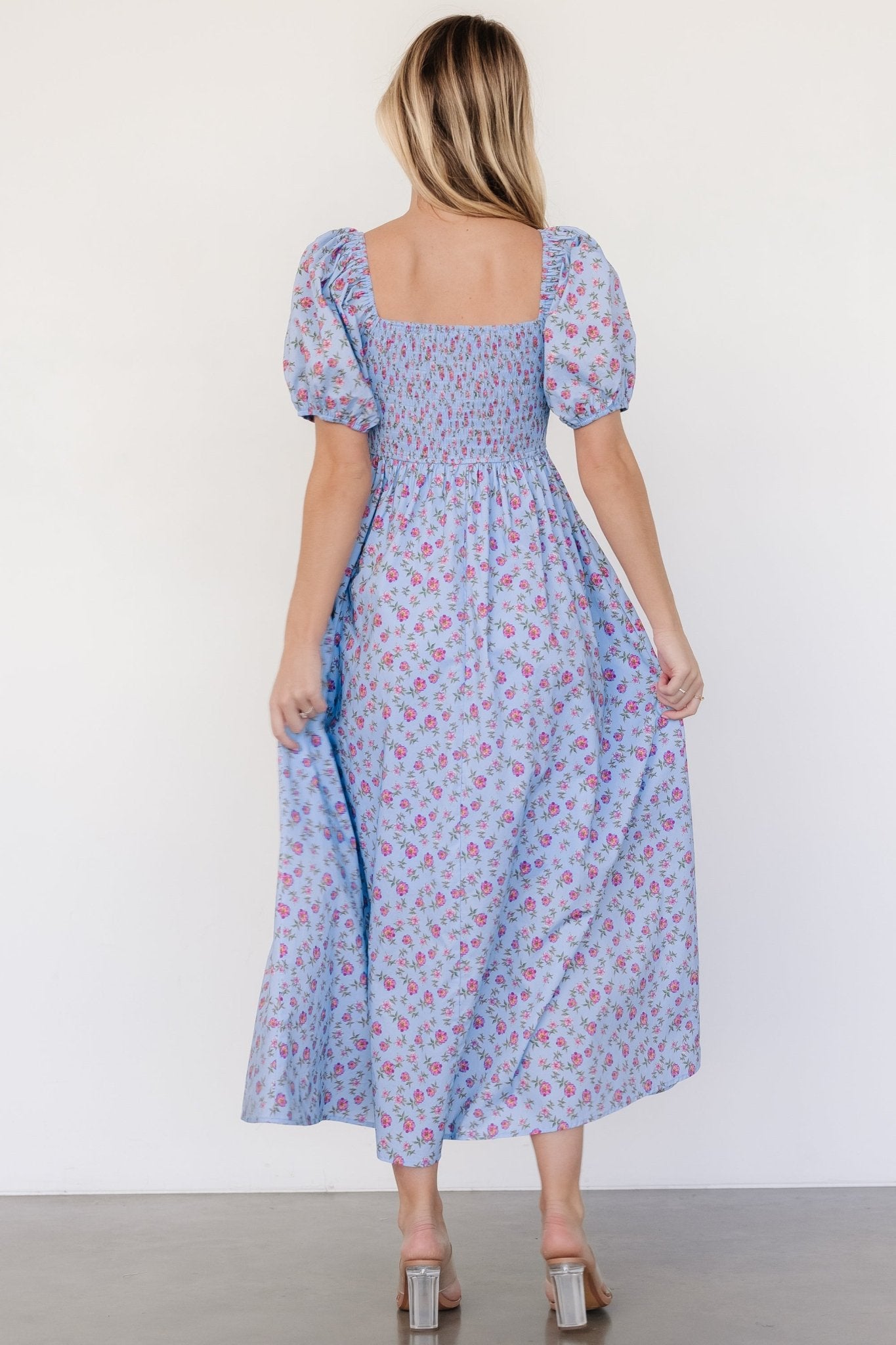 Haddie Smocked Midi Dress | Light Blue + Rose Floral For Sale Cheap Online