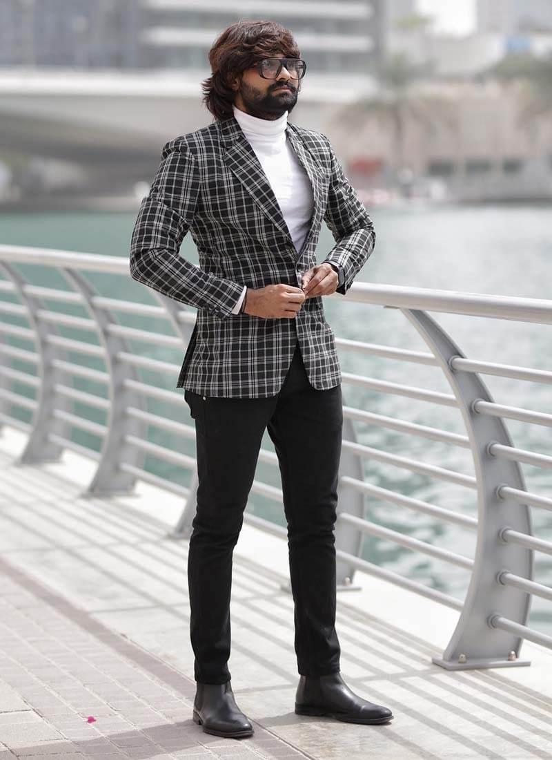 White And Black Color Check Pattern Single Breasted Slim Fit Blazer 2025 Newest Sale Online