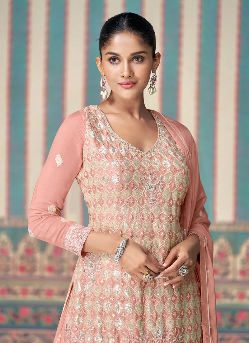 Blazing Blush Pink Embroidered Chinon Sharara Suit Clearance Store Sale Online