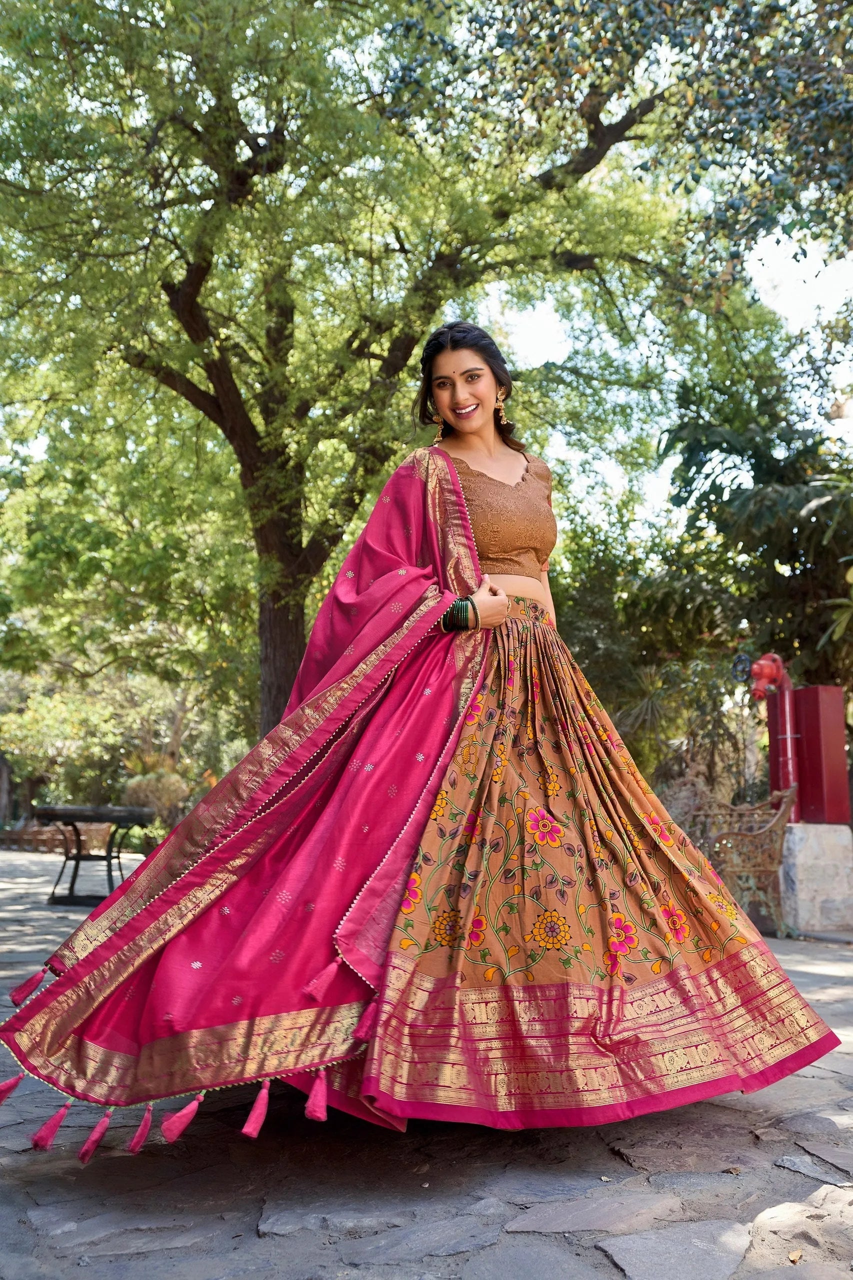 Marvelous Mustard Tussar Silk Kalamkari Printed Lehenga Choli Outlet Popular