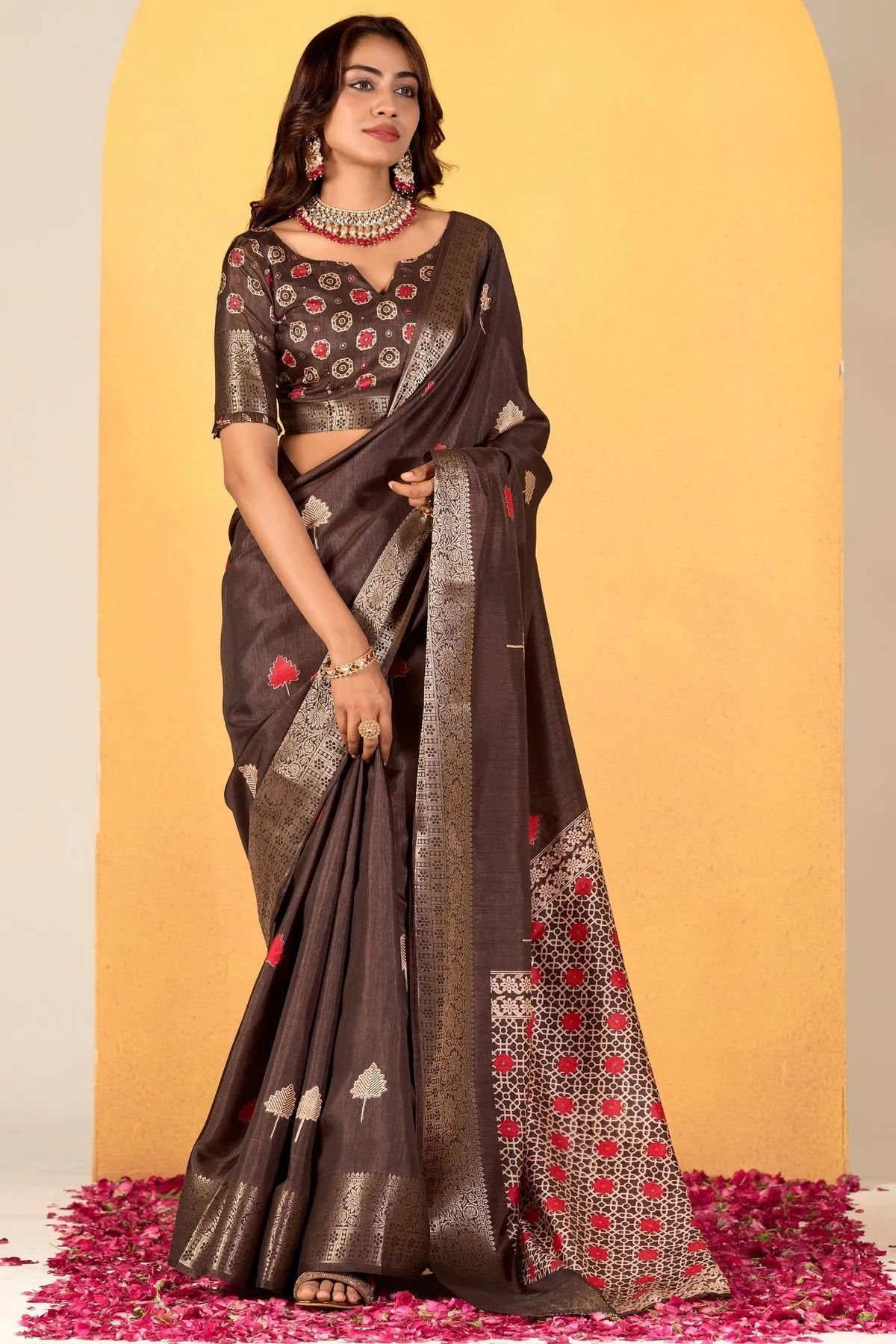 Dark Brown Soft Dola Silk Woven Worked Worked Classic Saree From China