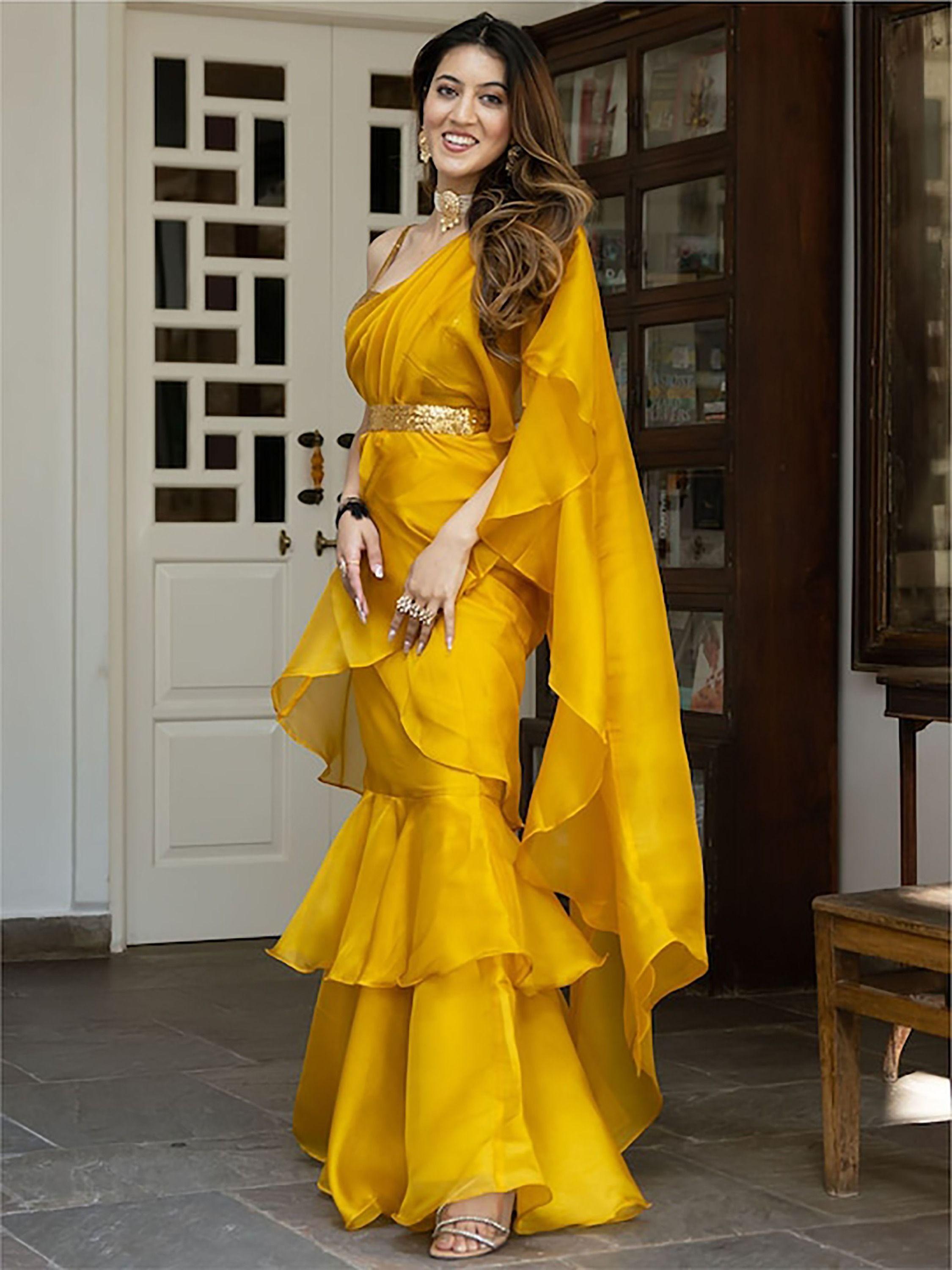 Mustard Yellow Organza Ready-to-wear Ruffle saree Quality From China Wholesale