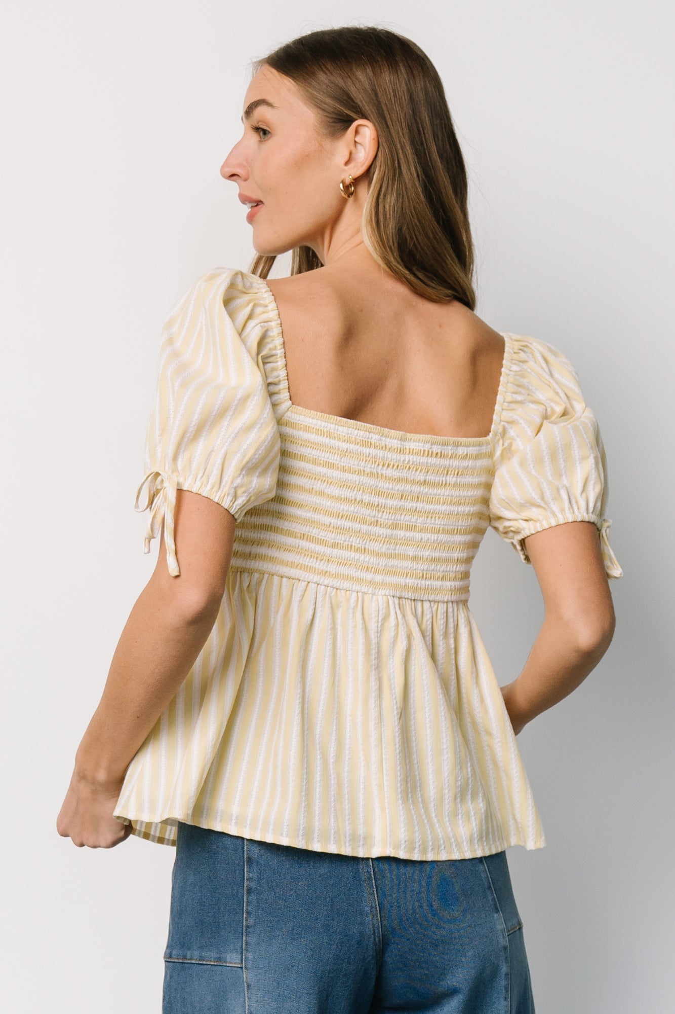 Betsy Peplum Top | Yellow + White Stripe Outlet Explore