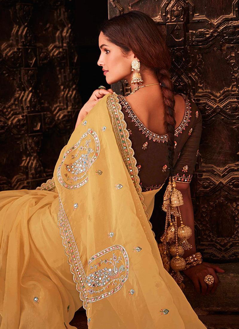 Mustard Yellow Color Organza Fabric Saree With Mirror Work Limited Edition Online