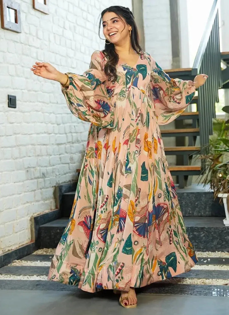 Pink Digital Printed Fully Flared Gown 100% Authentic Sale Online