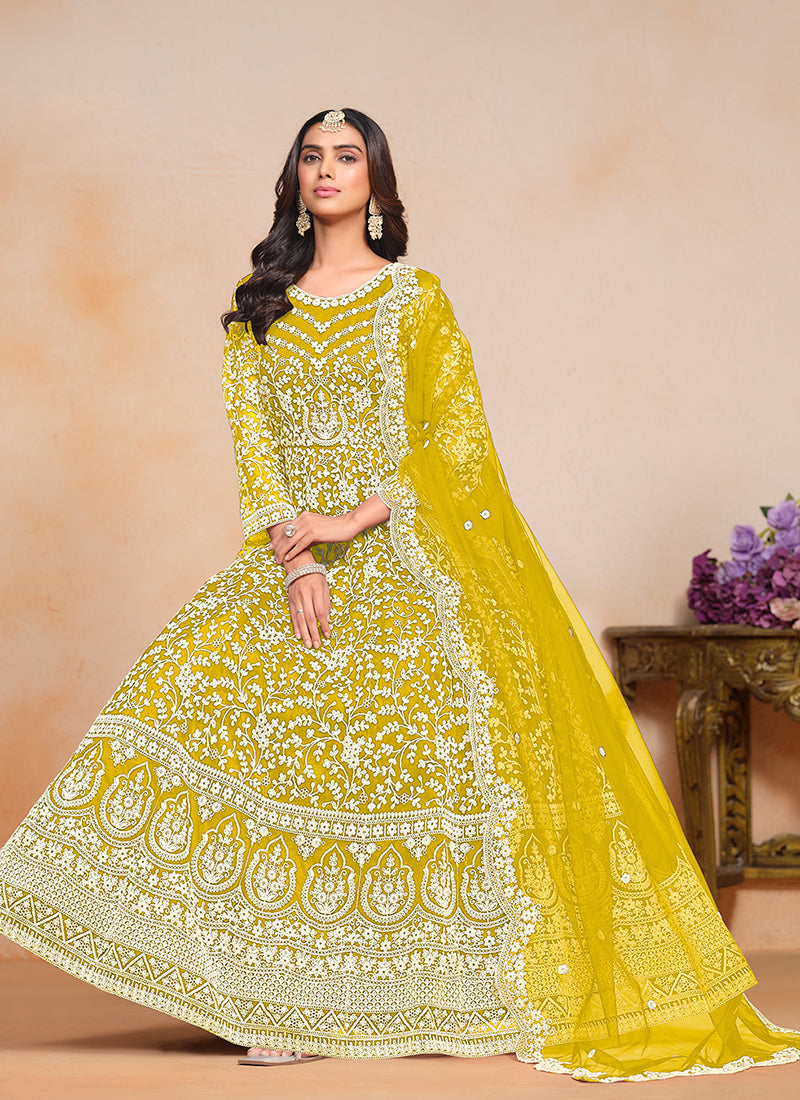 Radiant Bright Yellow Designer Embroidered Anarkali Gown Free Shipping With Paypal