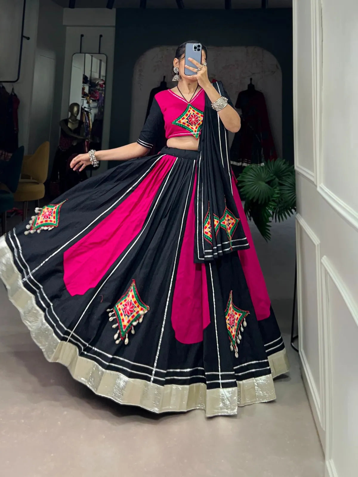 Pink Black Pure Cotton Gamthi Gota Patti Worked Navratri Lehenga Choli 2025 New