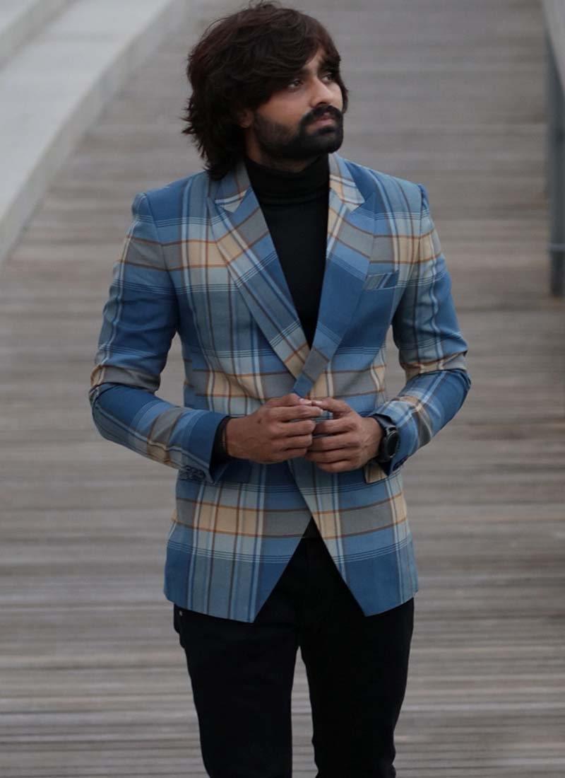 Single Breasted One Button Blue Color Check Pattern Blazer Cheap Sale Now