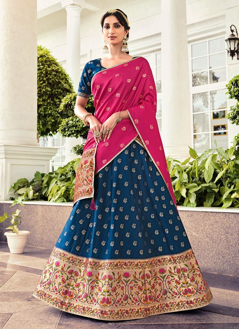 Digital Print Blue Color Silk Fabric Banarasi Lehenga With Contrast Dupatta For Sale Top Quality