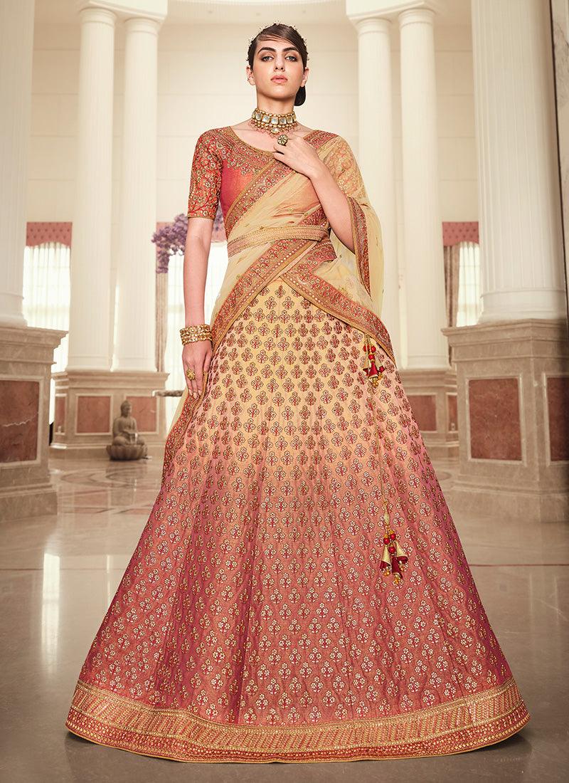 Intriguing Orange Color Silk Base Stone And Zari Work Lehenga Cheap Online Store Manchester