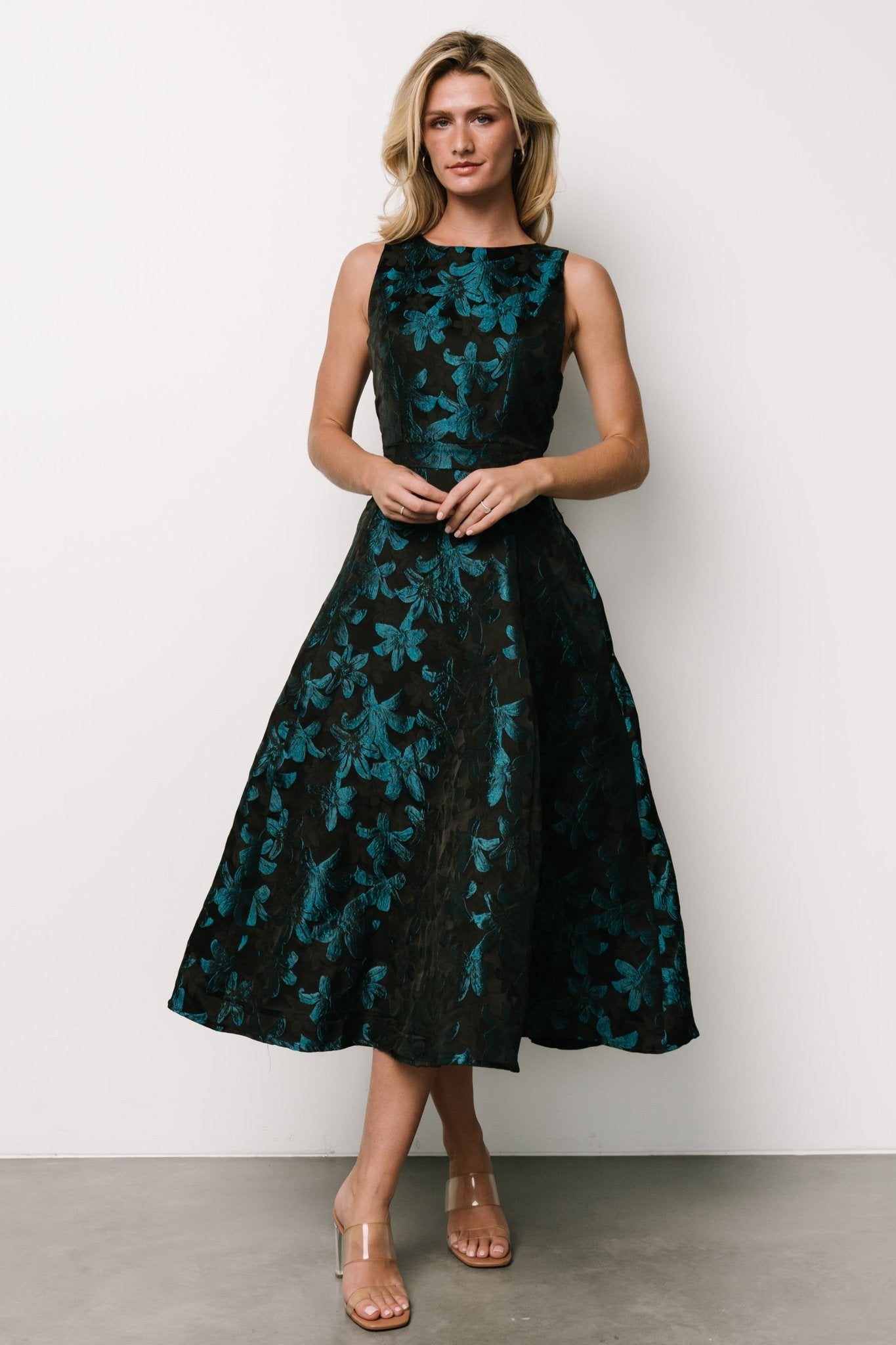 Maren Embossed Midi Dress | Black + Teal Floral Discount 2025 New