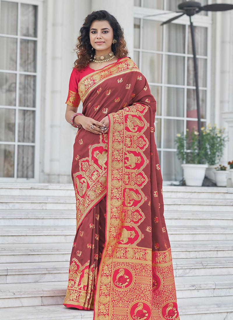 Astounding Brown Color Banarasi Silk Base Silk Weave Work Saree Clearance Manchester